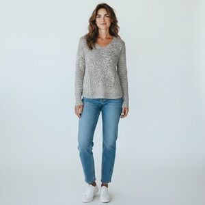 RD Style Black White Tweed Knit Stretchy V-Neck Sweater Pullover Size S Rib Hem